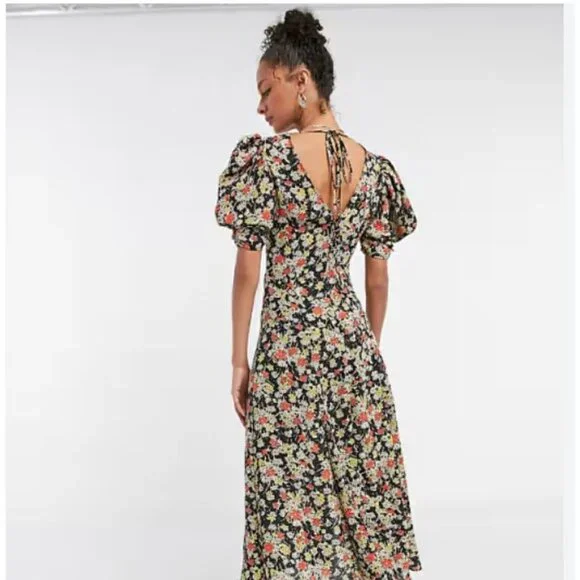 Topshop Grunge Midi Dress V-Neck Front Panel Black Floral Print Size 8 - Picture 2 of 10